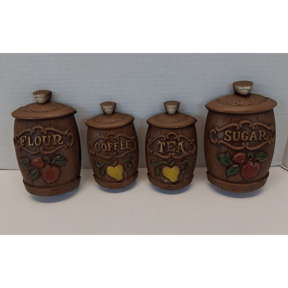 Sexton USA 1967 #1509 Flour Coffee Tea Sugar Ceramic Kitchen Wall Plaques 4pc